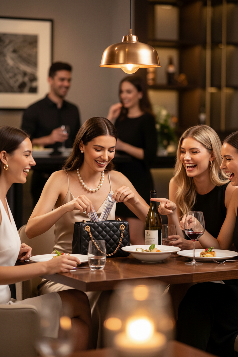 Woman carrying Insideefy purple mouthwash sachets while dining out